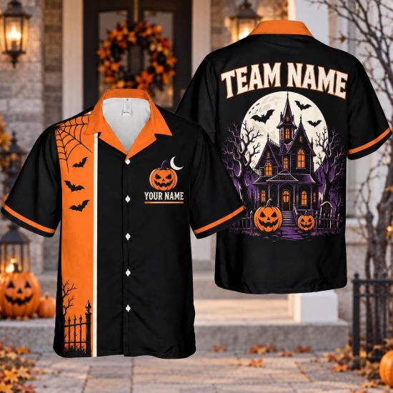 Picture of Personalized Haunted House Halloween Shirt, Custom Name Team Button Up Shirt, Pumpkin Bat Spooky Halloween Party Shirt, Halloween Gift