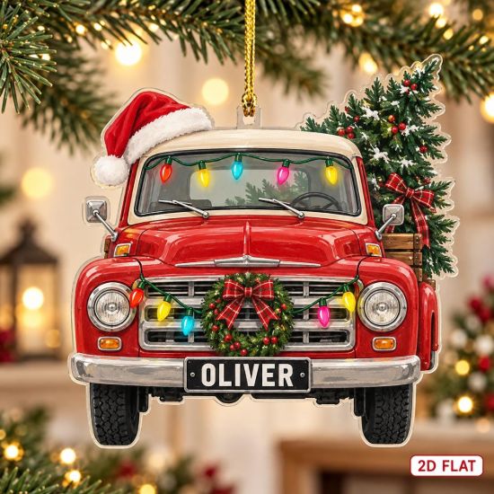 Picture of Personalized Christmas Truck Ornament, Custom Name Vintage Pickup Ornament, Red Truck Xmas Decor, 2D Flat Christmas Holiday Keepsake Gift