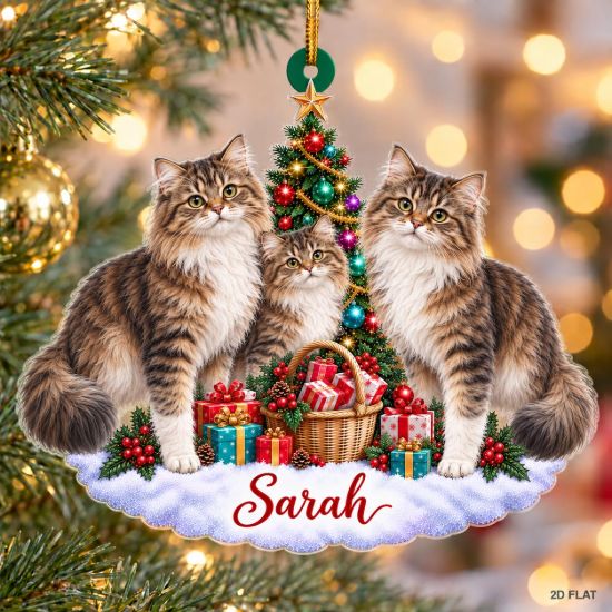 Picture of Personalized Siberian Cat Family Christmas Ornament, Custom Name 3 Siberian Cats Ornament, Siberian Cat Lover Christmas Gift