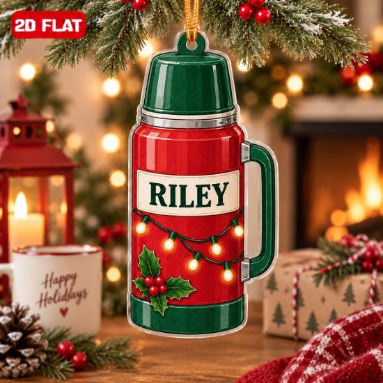 Picture of Personalized Camping Flask Christmas Ornament, Custom Name Travel Mug Ornament, Camper Gift, Coffee Lover Gift, 2D Flat Christmas Ornament