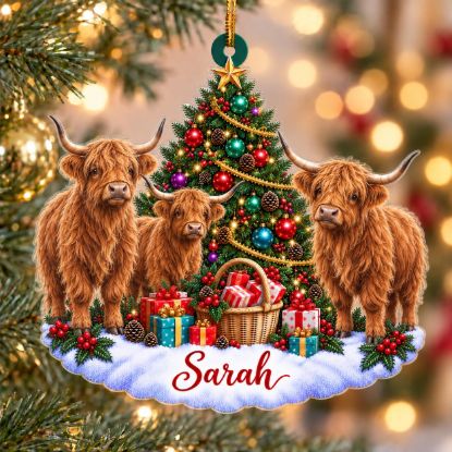 Picture of Personalized Highland Cow Christmas Ornament, Custom Name Cow Ornament, Highland Cattle Gift, Farmhouse Christmas Decor, 2D Flat Ornament