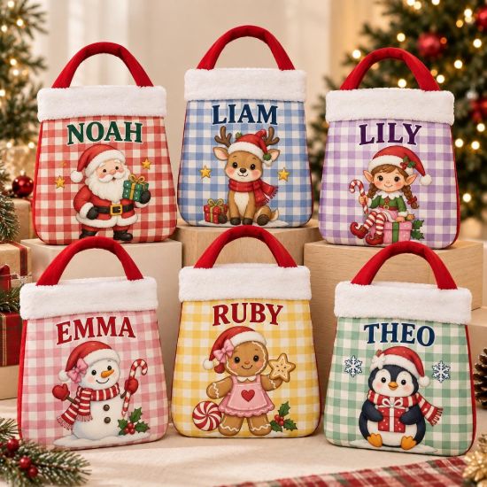 Picture of Personalized Christmas Reticule Bag, Custom Name Kids Christmas Gift Bag, Cute Santa Reindeer Snowman Penguin Treat Bag, Holiday Candy Bag
