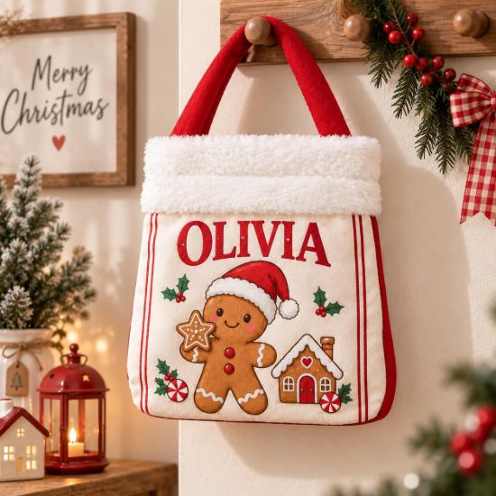 Picture of Personalized Gingerbread Christmas Reticule Bag, Custom Name Kids Holiday Gift Bag, Gingerbread Man Candy Treat Bag, Christmas Eve Bag