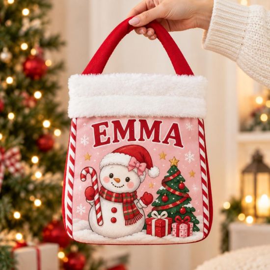 Picture of Personalized Snowman Christmas Reticule Bag, Custom Name Kids Holiday Gift Bag, Cute Pink Christmas Treat Bag, Christmas Eve Candy Bag