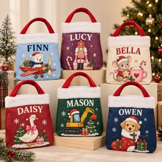 Picture of Personalized Christmas Reticule Bag, Custom Name Kids Holiday Gift Bag, Cute Animal Christmas Treat Bag, Christmas Eve Candy Bag for Kids