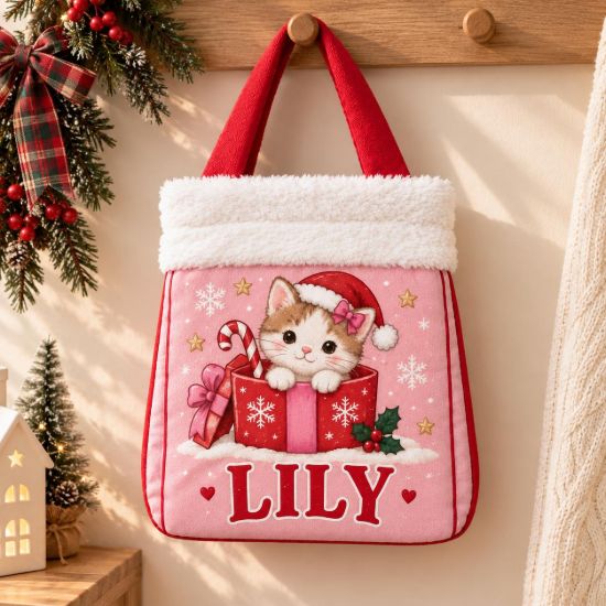 Picture of Personalized Christmas Cat Reticule, Custom Name Christmas Gift Bag, Cute Kitty Candy Bag, Kids Holiday Treat Bag, Xmas Tree Decoration