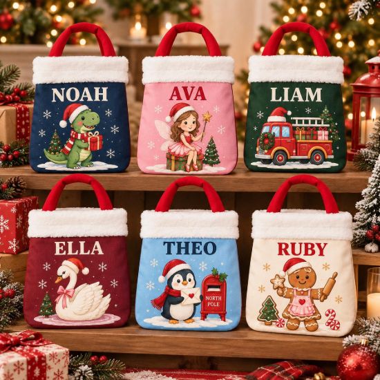 Picture of Personalized Christmas Reticule Bag, Custom Name Kids Holiday Gift Bag, Cute Christmas Treat Bag, Santa Candy Bag, Xmas Tree Decoration