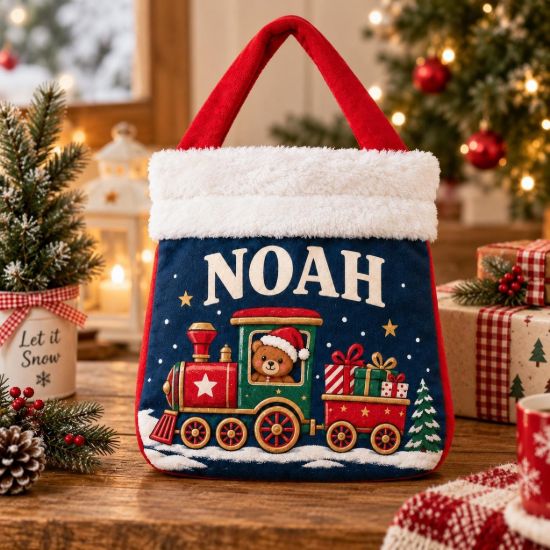 Picture of Personalized Christmas Train Reticule Bag, Custom Name Kids Christmas Gift Bag, Cute Teddy Bear Train Treat Bag, Holiday Candy Bag Christmas