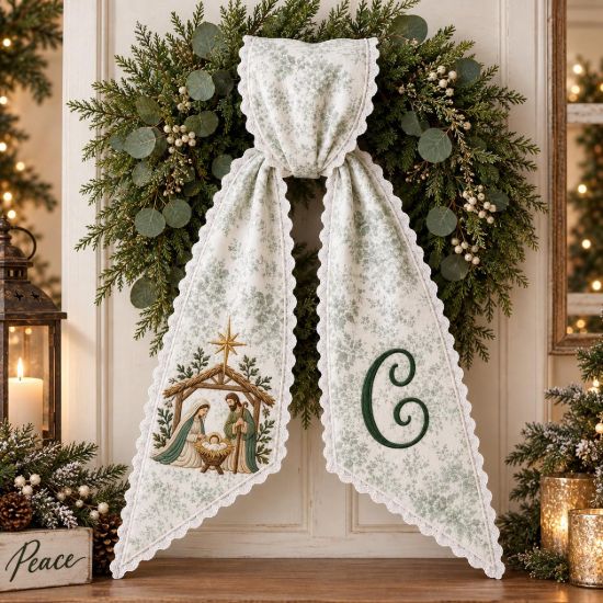 Picture of Personalized Christian Christmas Wreath Sash, Nativity Monogram Wreath Bow, Embroidered Holy Family Door Decor, Religious Christmas Gift
