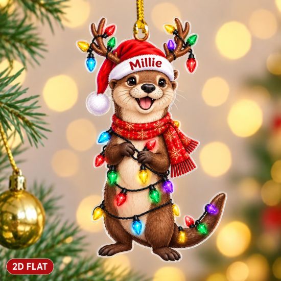 Picture of Personalized Otter Christmas Ornament, Custom Name Otter Ornament, 2D Flat Woodland Animal Xmas Decor, Otter Lover Gift, Holiday Keepsake