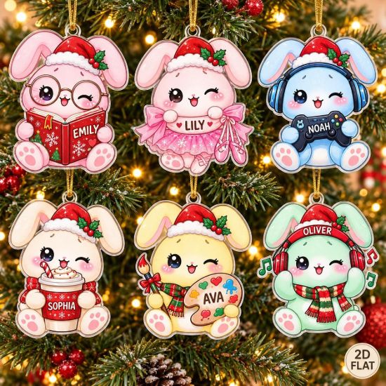 Picture of Personalized Bunny Christmas Ornament, Custom Name Rabbit Ornament, Kids Xmas Gift, Gamer Ballerina Artist Music Lover 2D Flat Decor 2026