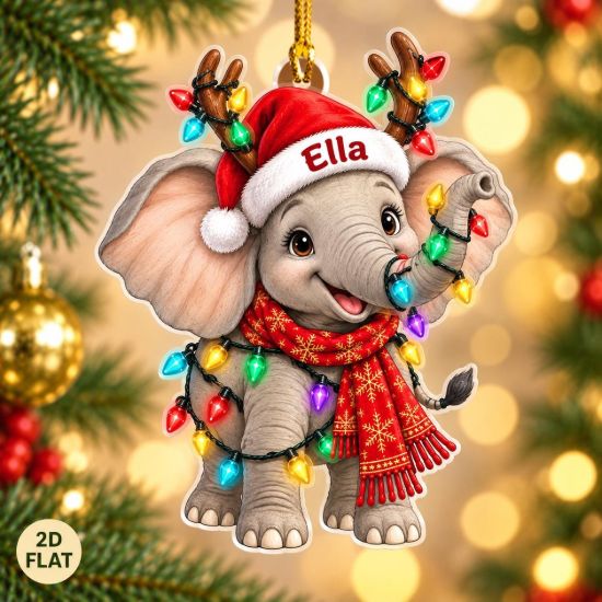 Picture of Personalized Elephant Christmas Ornament, Custom Name Elephant Ornament, 2D Flat Animal Xmas Decor, Elephant Kids Holiday Keepsake Gift 2026