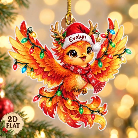 Picture of Personalized Phoenix Christmas Ornament, Custom Name Firebird Ornament, 2D Flat Fantasy Bird Xmas Decor, Phoenix Lover Gift Holiday Keepsake