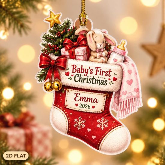 Picture of Personalized Baby First Christmas Ornament 2026, Custom Name Baby Girl Stocking Ornament, Newborn Gift, 2D Flat Christmas Keepsake Ornament