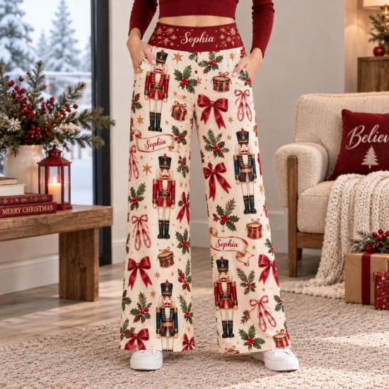 Picture of Personalized Nutcracker Christmas Wide Leg Pants, Custom Name Holiday Pants, Women’s Christmas Trousers, Ballet Xmas Gift for Her Christmas