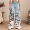 Picture of Personalized Winter Wide Leg Pants, Custom Name Snowy Cottage Pants, Cardinal Christmas Pants, Women’s Holiday Gift, Winter Landscape Pants