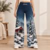 Picture of Personalized Winter Wide Leg Pants, Custom Name Covered Bridge Pants, Snowy Cardinal Pants, Women’s Christmas Pants, Winter Gift for Her