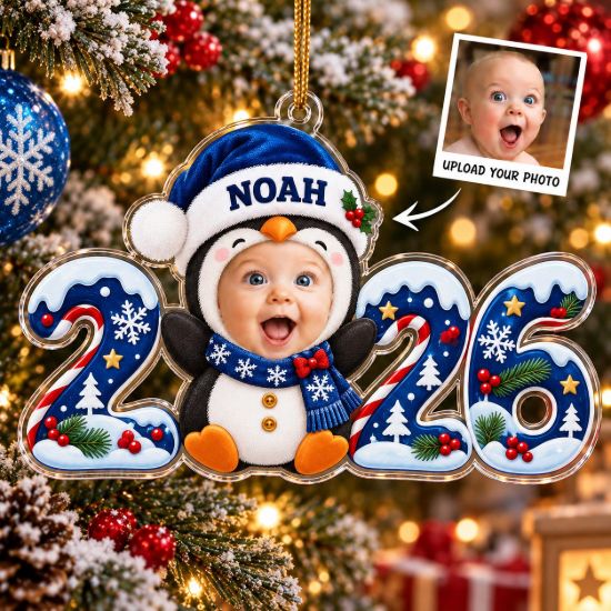 Picture of Personalized Baby Photo Christmas Ornament 2026, Custom Name Penguin Ornament, Baby First Christmas Gift, 2D Flat Christmas Holiday Keepsake