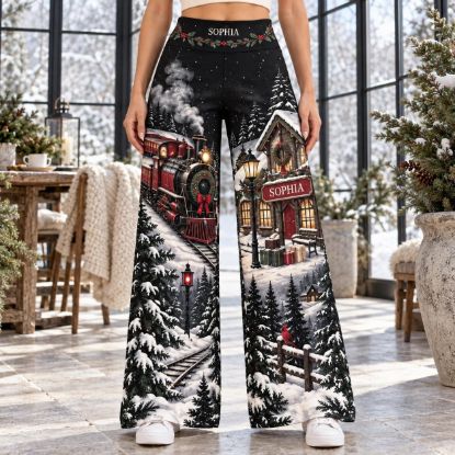 Picture of Personalized Christmas Wide Leg Pants, Custom Name Winter Train Pants, Women’s Holiday Palazzo Pants, Snowy Christmas Gift For Her