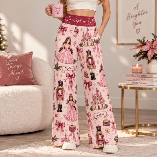 Picture of Personalized Pink Nutcracker Christmas Wide Leg Pants, Custom Name Princess Holiday Pants, Women’s Pink Xmas Pants, Gift for Her Christmas