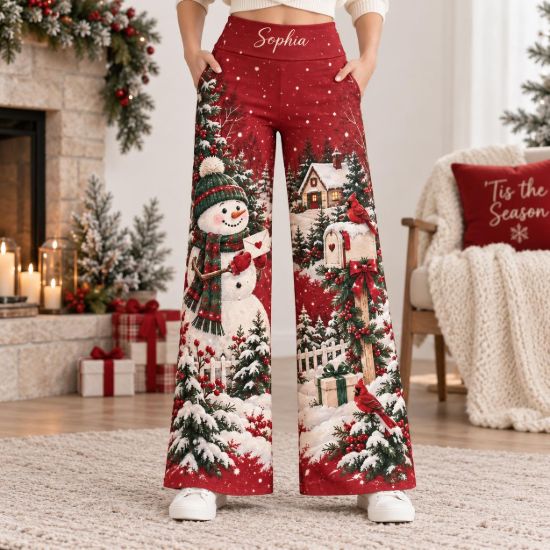 Picture of Personalized Snowman Christmas Wide Leg Pants, Custom Name Red Holiday Pants, Women’s Winter Xmas Pants, Snowman Gift for Her Christmas