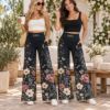 Picture of Personalized Floral Wide Leg Pants, Custom Name Botanical Pants, Women’s High Waist Tummy Control Pants, Butterfly Flower Gift for Her