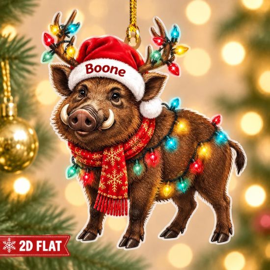Picture of Personalized Wild Boar Christmas Ornament, Custom Boar Ornament, Hunting Gift, 2D Flat Woodland Animal Holiday Keepsake Christmas Hunting