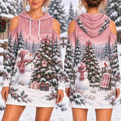 Picture of Personalized Pink Snowman Christmas Hoodie Dress, Custom Name Cold Shoulder Dress, Christmas Tree Winter Hoodie, Holiday Gift for Her
