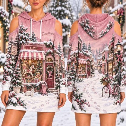 Picture of Personalized Pink Christmas Toy Shop Hoodie Dress, Custom Name Cold Shoulder Dress, Vintage Holiday Winter Hoodie, Christmas Gift for Her
