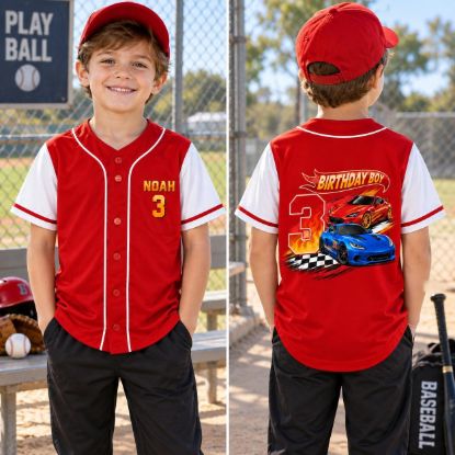 Picture of Personalized Race Car Birthday Baseball Jersey, Custom Name Age Racing Shirt, Birthday Boy Sports Jersey, Kids Car Birthday Party Gift