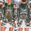 Picture of Personalized Emerald Christmas Hoodie Dress, Custom Name Cold Shoulder Winter Dress, Christmas Conservatory Holiday Hoodie, Gift for Her