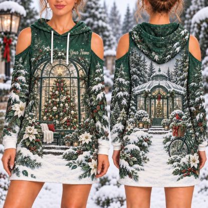 Picture of Personalized Emerald Christmas Hoodie Dress, Custom Name Cold Shoulder Winter Dress, Christmas Conservatory Holiday Hoodie, Gift for Her
