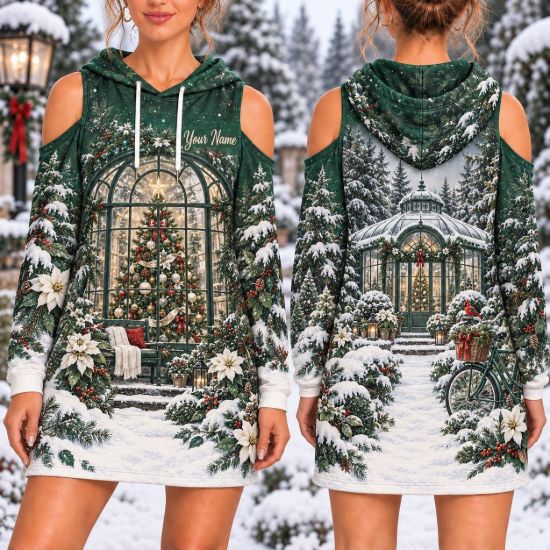 Picture of Personalized Emerald Christmas Hoodie Dress, Custom Name Cold Shoulder Winter Dress, Christmas Conservatory Holiday Hoodie, Gift for Her
