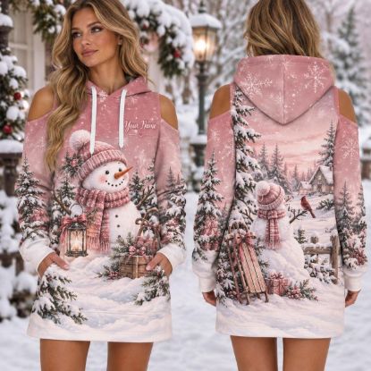 Picture of Personalized Pink Snowman Christmas Hoodie Dress, Custom Name Cold Shoulder Winter Dress, Snowy Holiday Hoodie, Christmas Gift for Her