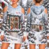 Picture of Personalized Christmas Window Hoodie Dress, Custom Name Cold Shoulder Winter Dress, Cardinal Christmas Tree Hoodie, Holiday Gift for Her