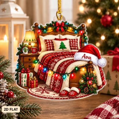 Picture of Personalized Cozy Bedroom Christmas Ornament, Custom Name Bed Ornament, Christmas Home Decor, 2D Flat Holiday Keepsake, Xmas Gift for Her