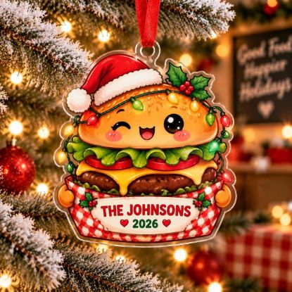Picture of Personalized Burger Christmas Ornament, Custom Family Name Hamburger Ornament, Foodie Gift, Funny Food Christmas Decor, 2D Flat Keepsake