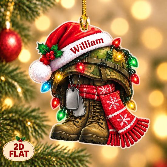 Picture of Personalized Military Christmas Ornament, Custom Name Soldier Helmet & Boots Ornament, Veteran Gift, 2D Flat Christmas Holiday Keepsake 2026