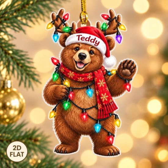 Picture of Personalized Bear Christmas Ornament, Custom Name Teddy Bear Ornament, Bear Lover Gift, Woodland Animal Decor, 2D Flat Holiday Keepsake 2026