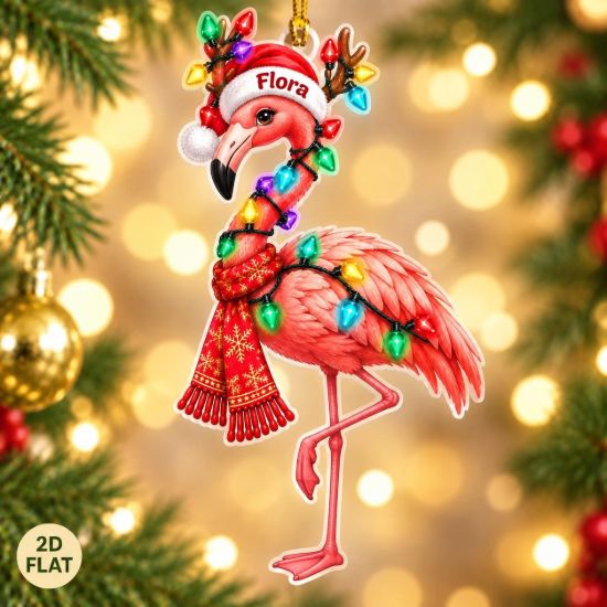 Picture of Personalized Flamingo Christmas Ornament, Custom Name Flamingo Ornament, Flamingo Lover Gift, Tropical Christmas Decor, 2D Flat Keepsake