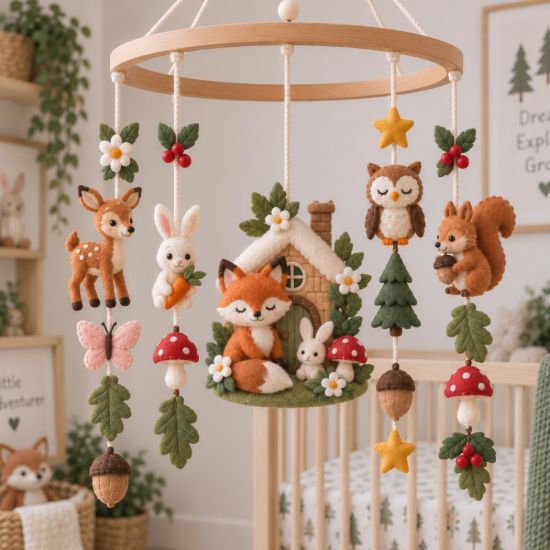 Picture of Woodland Baby Mobile, Felt Forest Crib Mobile with Fox Deer Bunny Animals, Handmade Nursery Decor, Baby Room Hanging, Baby Shower Gift