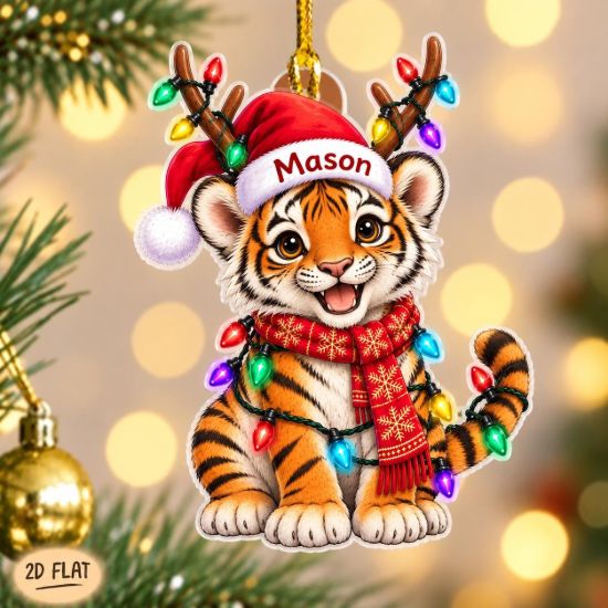 Picture of Personalized Tiger Christmas Ornament, Custom Name Tiger Cub Ornament, Tiger Lover Gift, Kids Christmas Decor, 2D Flat Holiday Keepsake 2026