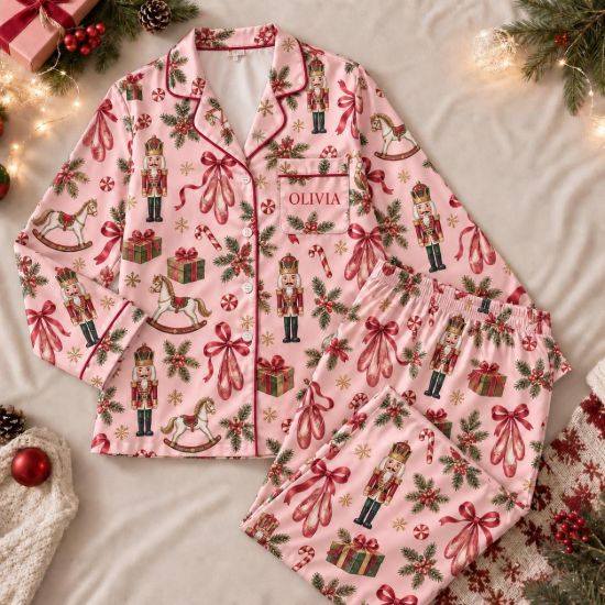 Picture of Personalized Women’s Christmas Satin Pajama Set, Pink Nutcracker Holiday PJs, Custom Name Ballet Sleepwear, Adult Xmas Gift Gift For Her