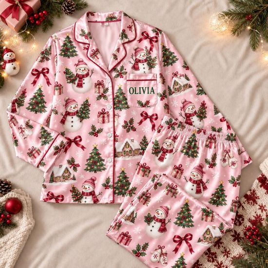 Picture of Custom Name Pink Christmas Pajama Set, Women’s Satin Snowman PJs, Holiday Tree Long Sleeve Sleepwear, Christmas Gift for Her Christmas