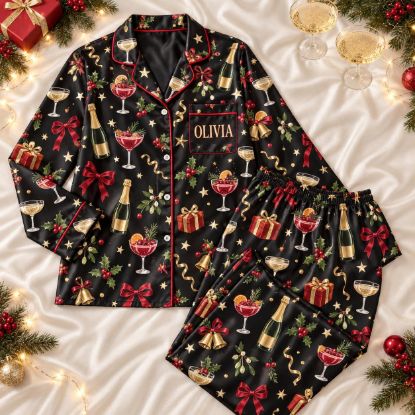 Picture of Custom Name Adult Christmas Pajama Set, Women’s Black Satin Holiday PJs, Champagne Cocktail Long Sleeve Sleepwear, Xmas Gift for Her