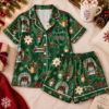 Picture of Personalized Christmas Satin Pajama Set, Green Holiday Garden PJs, Custom Name Women’s Short Sleeve Sleepwear Gift, Gift for Her Christmas