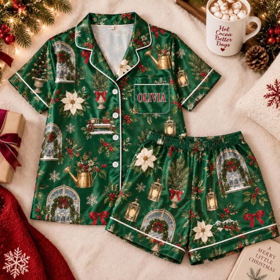 Picture of Personalized Christmas Satin Pajama Set, Green Holiday Garden PJs, Custom Name Women’s Short Sleeve Sleepwear Gift, Gift for Her Christmas