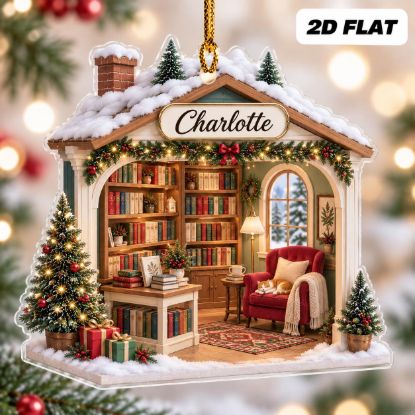 Picture of Personalized Book Lover Ornament, Custom Name Library Christmas Ornament, Reader Gift, Bookworm Keepsake, Cozy Reading 2D Flat Xmas Decor