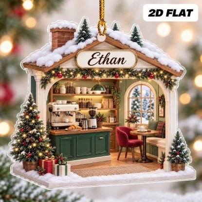 Picture of Personalized Coffee Shop Ornament, Custom Name Christmas Ornament, Coffee Lover Gift, Barista Gift, Cozy Cafe 2D Flat Holiday Xmas Decor