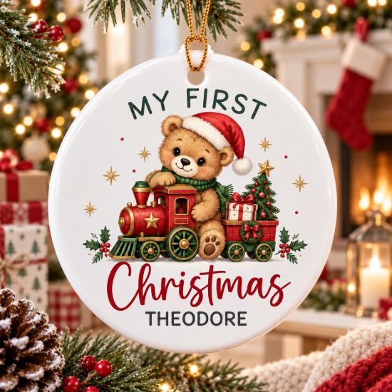 Picture of Personalized Baby First Christmas Ornament, Custom Name Teddy Bear Train Ornament, Newborn Christmas Keepsake, Baby Gift, 2D Flat Decor 2026